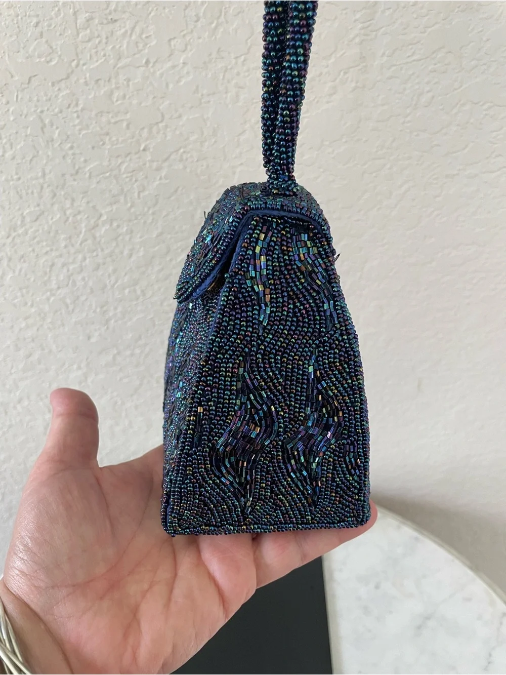 Vintage Hand Beaded Navy Peacock Iridescent Evening Bag Wristlet La Regale Style